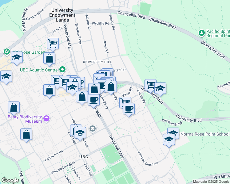 map of restaurants, bars, coffee shops, grocery stores, and more near Dalhousie Road in University Endowment Lands