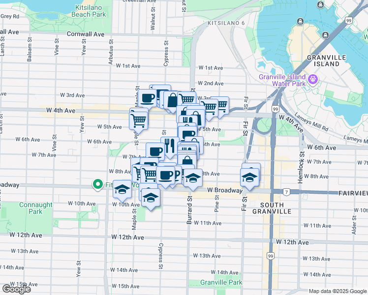 map of restaurants, bars, coffee shops, grocery stores, and more near 1818 West 6th Avenue in Vancouver