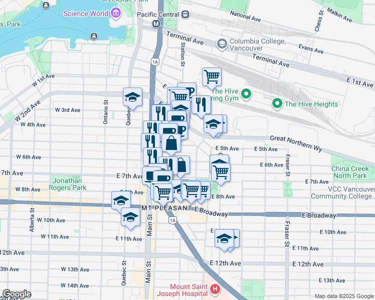 map of restaurants, bars, coffee shops, grocery stores, and more near 334 East 5th Avenue in Vancouver