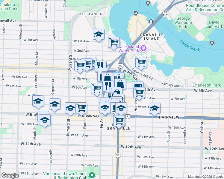 map of restaurants, bars, coffee shops, grocery stores, and more near 1526 West 6th Avenue in Vancouver