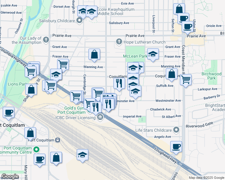 map of restaurants, bars, coffee shops, grocery stores, and more near 2957 Britannia Crescent in Port Coquitlam