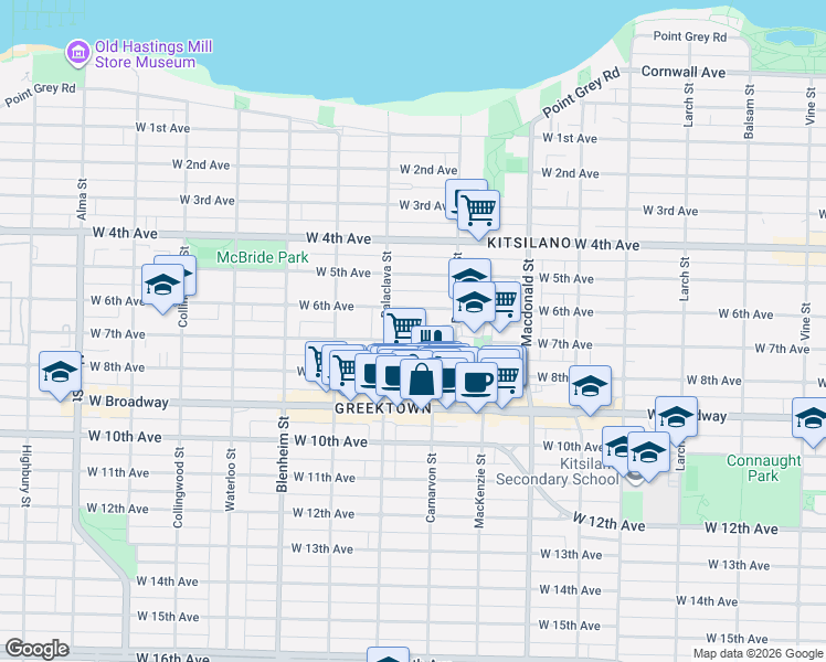 map of restaurants, bars, coffee shops, grocery stores, and more near 3027 West 7th Avenue in Vancouver