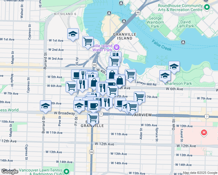 map of restaurants, bars, coffee shops, grocery stores, and more near 1428 West 6th Avenue in Vancouver