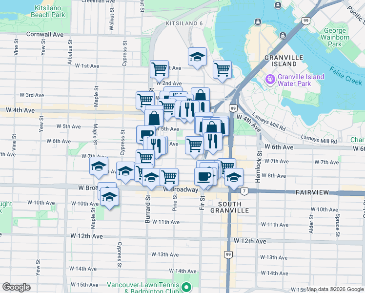map of restaurants, bars, coffee shops, grocery stores, and more near 1672 West 6th Avenue in Vancouver