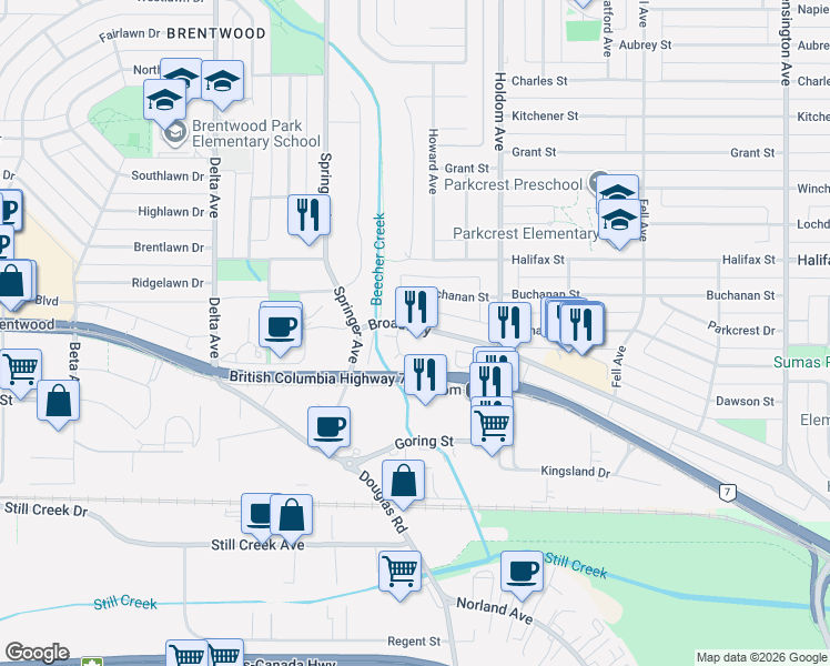 map of restaurants, bars, coffee shops, grocery stores, and more near 5460 Broadway in Burnaby