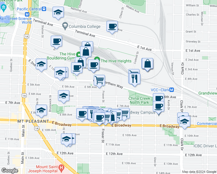 map of restaurants, bars, coffee shops, grocery stores, and more near 756 Great Northern Way in Vancouver