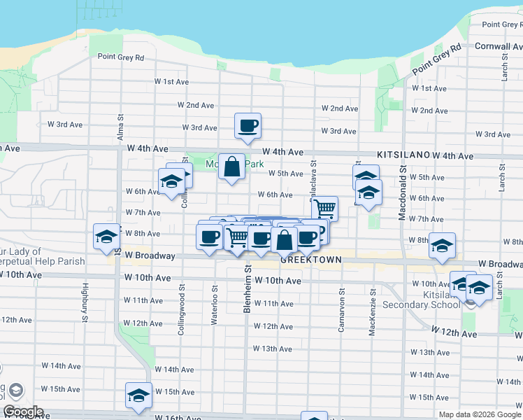 map of restaurants, bars, coffee shops, grocery stores, and more near 3259 West 7th Avenue in Vancouver