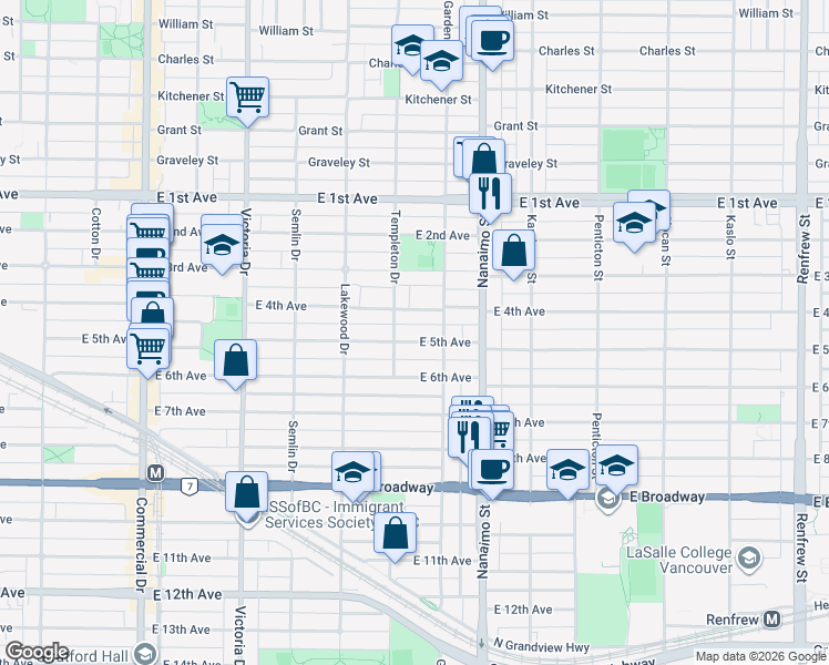 map of restaurants, bars, coffee shops, grocery stores, and more near 2233 East 5th Avenue in Vancouver
