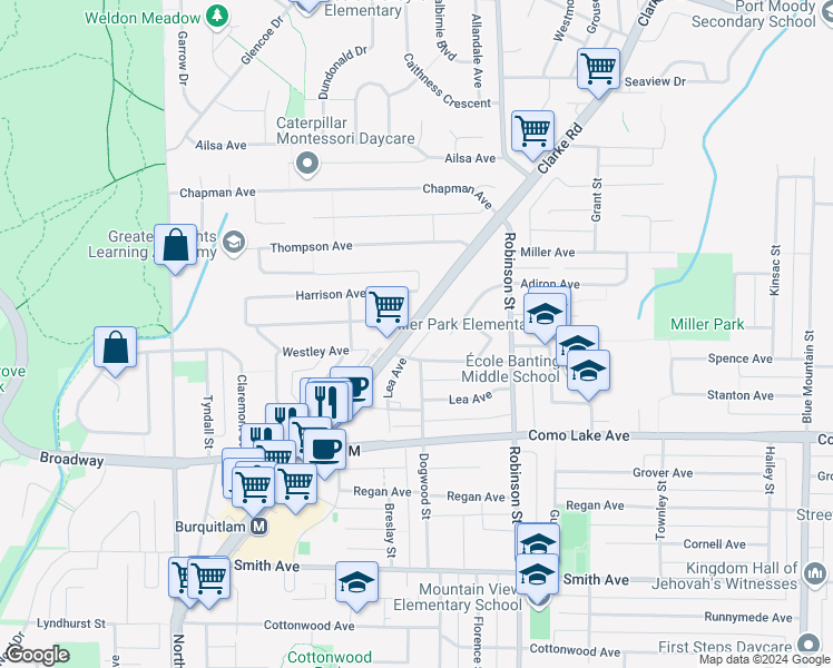 map of restaurants, bars, coffee shops, grocery stores, and more near 700 Clarke Road in Coquitlam