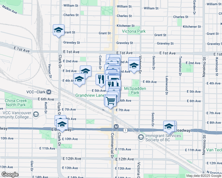map of restaurants, bars, coffee shops, grocery stores, and more near in Vancouver