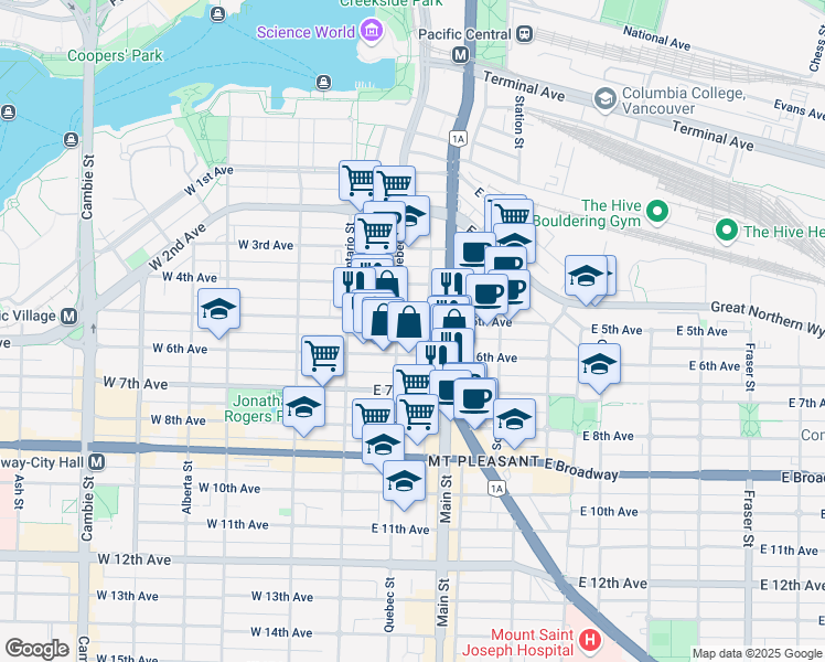 map of restaurants, bars, coffee shops, grocery stores, and more near in Vancouver
