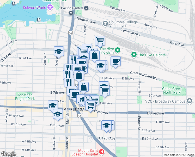 map of restaurants, bars, coffee shops, grocery stores, and more near 602 East 2nd Avenue in Vancouver