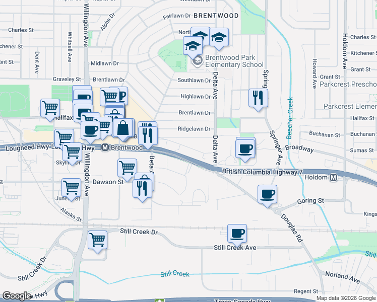 map of restaurants, bars, coffee shops, grocery stores, and more near 4788 Brentwood Drive in Burnaby