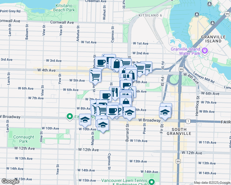 map of restaurants, bars, coffee shops, grocery stores, and more near 1890 West 6th Avenue in Vancouver