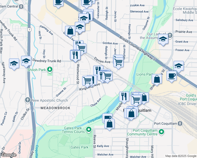 map of restaurants, bars, coffee shops, grocery stores, and more near 2727 Dixon Street in Port Coquitlam
