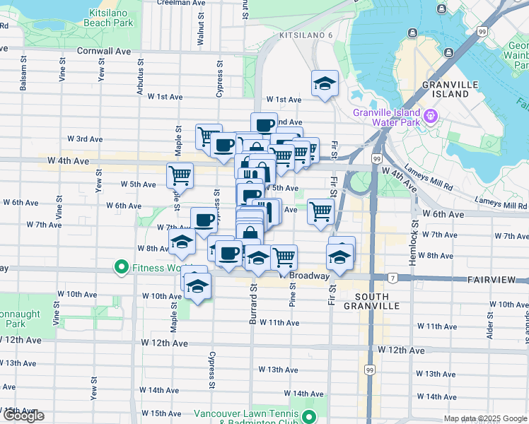 map of restaurants, bars, coffee shops, grocery stores, and more near 1786 West 6th Avenue in Vancouver