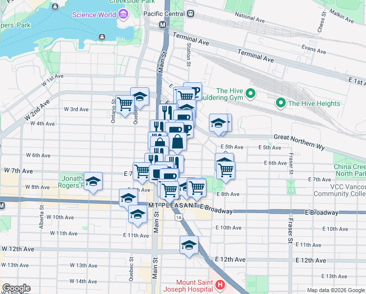 map of restaurants, bars, coffee shops, grocery stores, and more near 314 Scotia Street in Vancouver