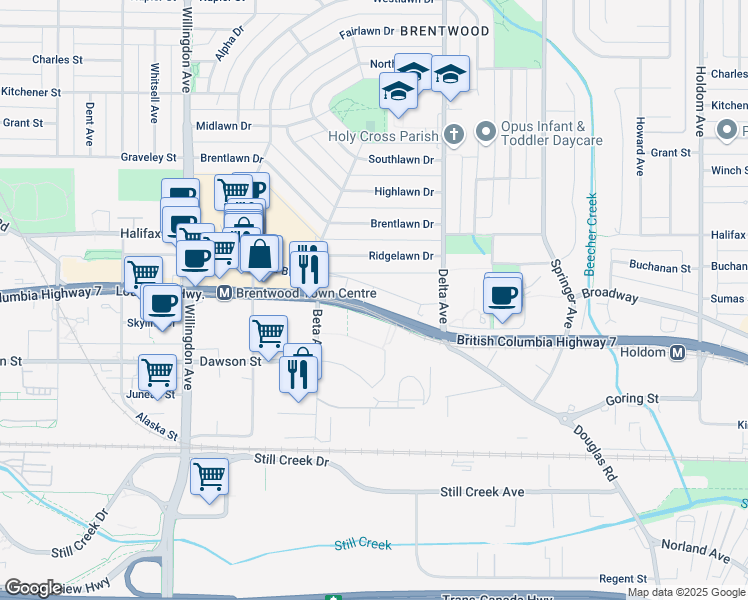 map of restaurants, bars, coffee shops, grocery stores, and more near 4785 Lougheed Highway in Burnaby