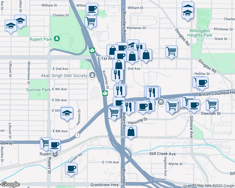 map of restaurants, bars, coffee shops, grocery stores, and more near 3625 Lougheed Highway in Vancouver