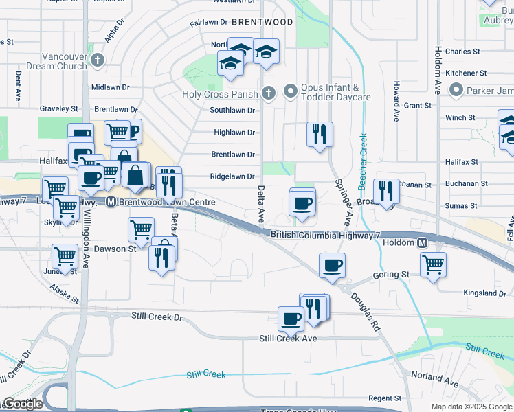 map of restaurants, bars, coffee shops, grocery stores, and more near in Burnaby