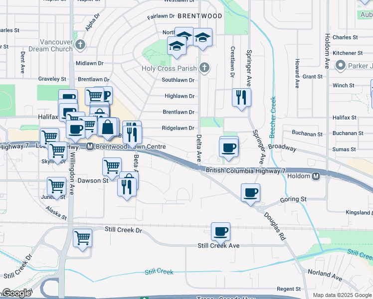 map of restaurants, bars, coffee shops, grocery stores, and more near in Burnaby