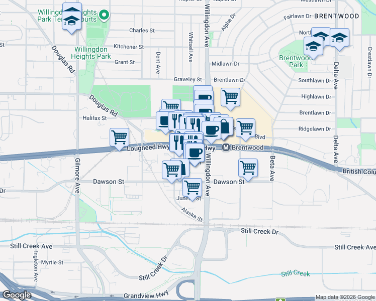 map of restaurants, bars, coffee shops, grocery stores, and more near 2008 Rosser Avenue in Burnaby