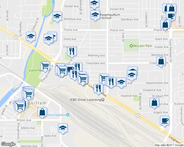 map of restaurants, bars, coffee shops, grocery stores, and more near 1988 Suffolk Avenue in Port Coquitlam