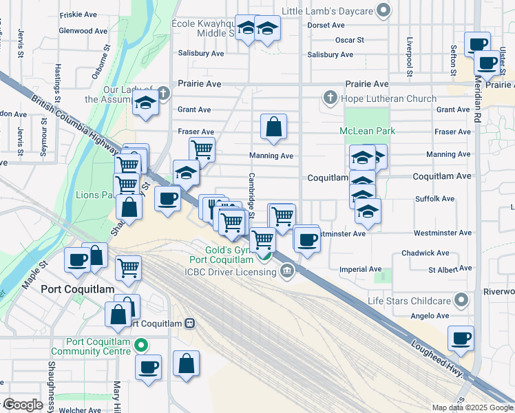 map of restaurants, bars, coffee shops, grocery stores, and more near 1988 Suffolk Avenue in Port Coquitlam