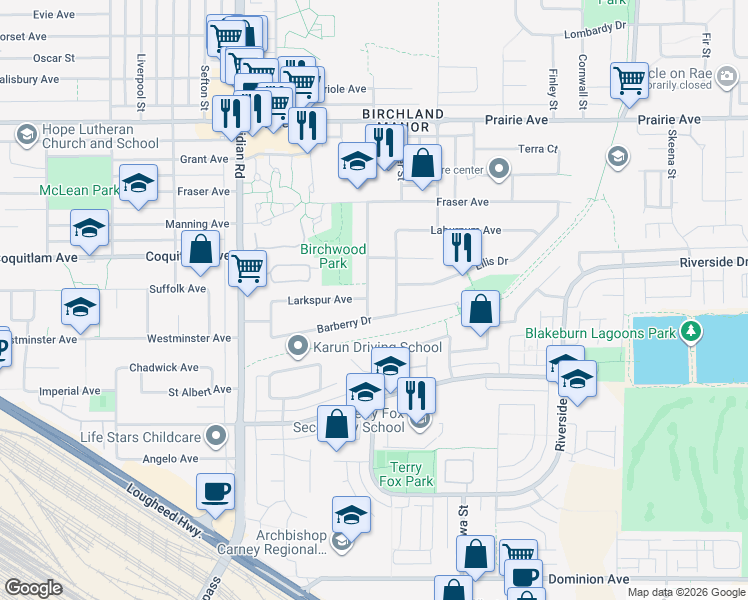 map of restaurants, bars, coffee shops, grocery stores, and more near 2942 Larch Way in Port Coquitlam