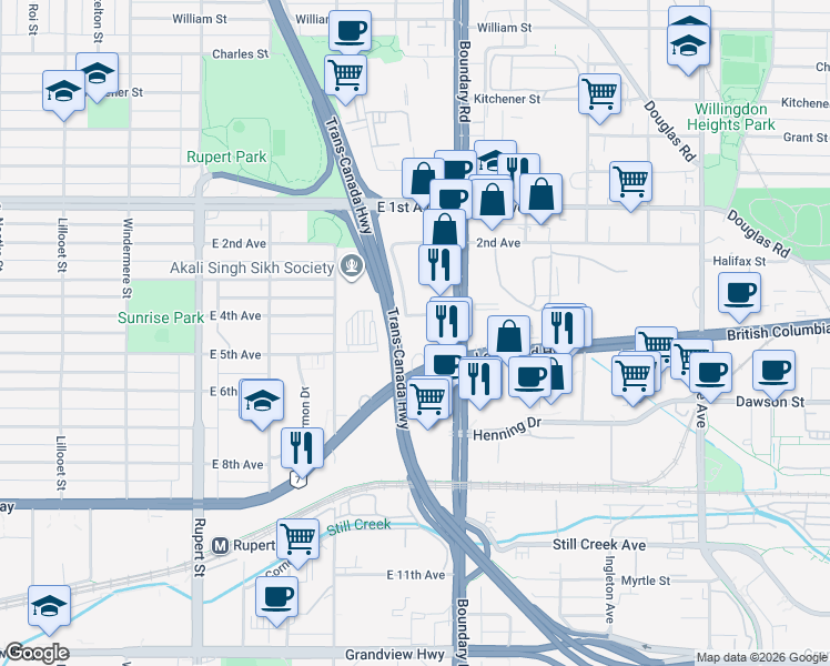 map of restaurants, bars, coffee shops, grocery stores, and more near in Vancouver