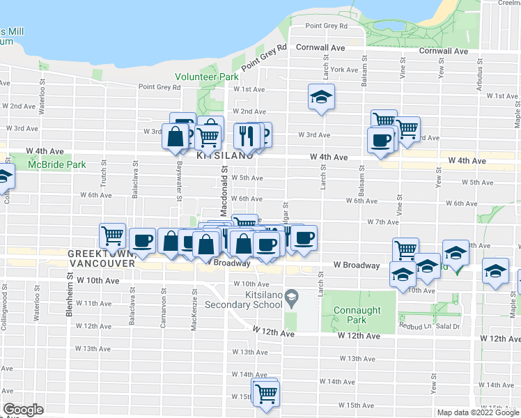 map of restaurants, bars, coffee shops, grocery stores, and more near 2220 Stephens Street in Vancouver