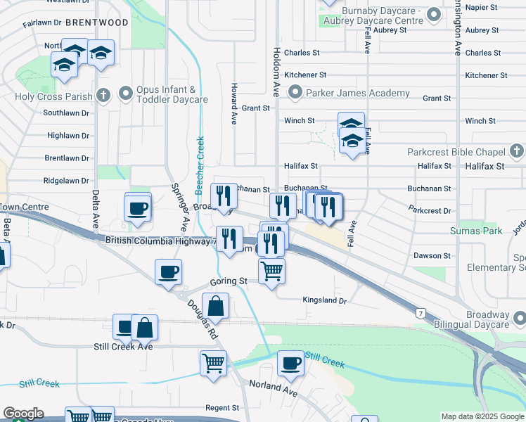 map of restaurants, bars, coffee shops, grocery stores, and more near 5655 Broadway in Burnaby