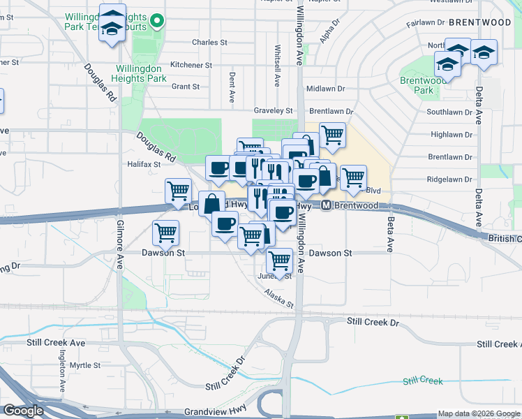 map of restaurants, bars, coffee shops, grocery stores, and more near 2008 Rosser Avenue in Burnaby