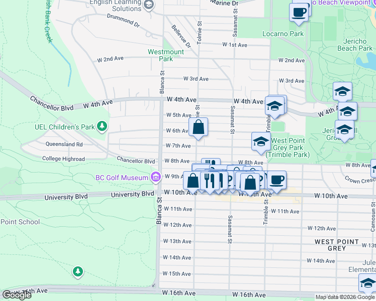 map of restaurants, bars, coffee shops, grocery stores, and more near 4620 West 7th Avenue in Vancouver