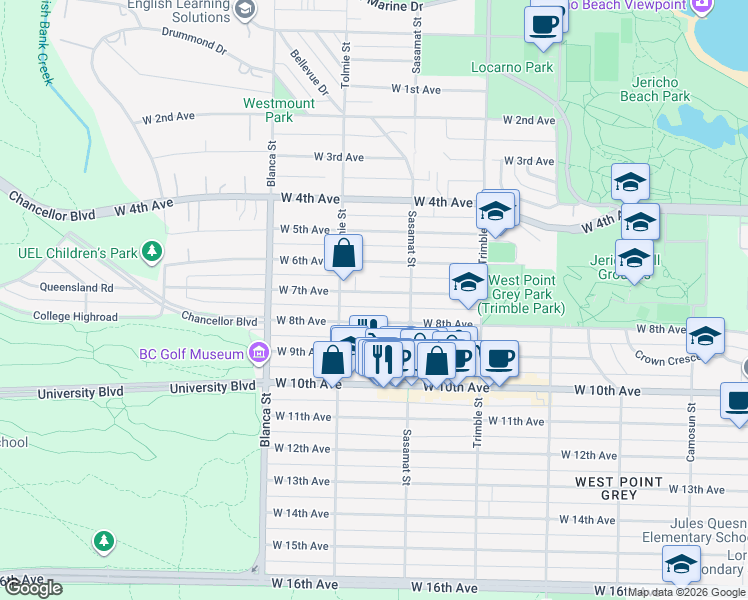 map of restaurants, bars, coffee shops, grocery stores, and more near 4548 West 7th Avenue in Vancouver