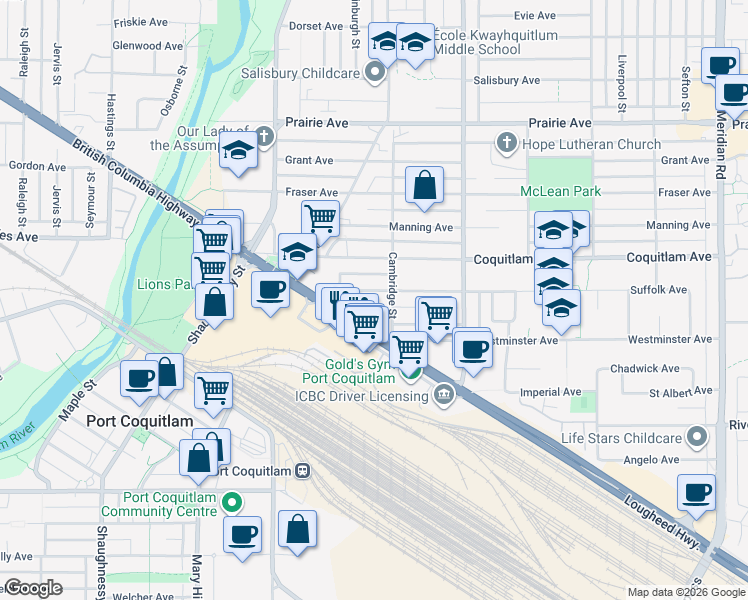 map of restaurants, bars, coffee shops, grocery stores, and more near 2016 Suffolk Avenue in Port Coquitlam