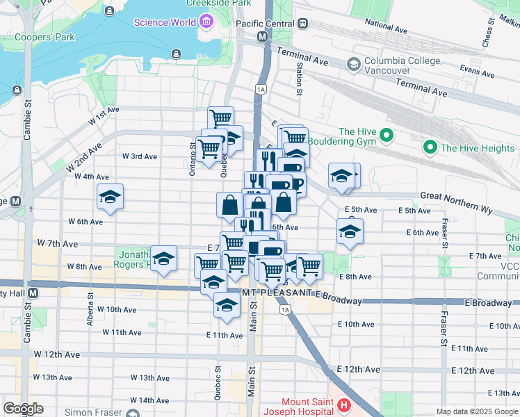 map of restaurants, bars, coffee shops, grocery stores, and more near 208 East 5th Avenue in Vancouver