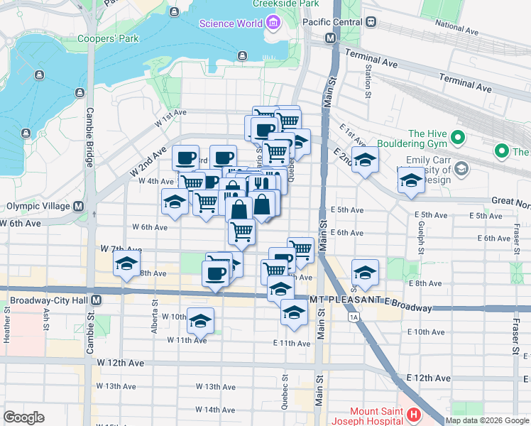 map of restaurants, bars, coffee shops, grocery stores, and more near in Vancouver