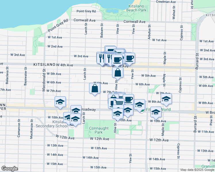 map of restaurants, bars, coffee shops, grocery stores, and more near 2358 West 6th Avenue in Vancouver