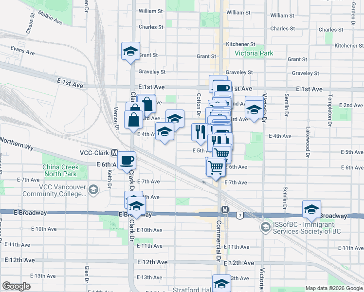 map of restaurants, bars, coffee shops, grocery stores, and more near 1515 East 5th Avenue in Vancouver
