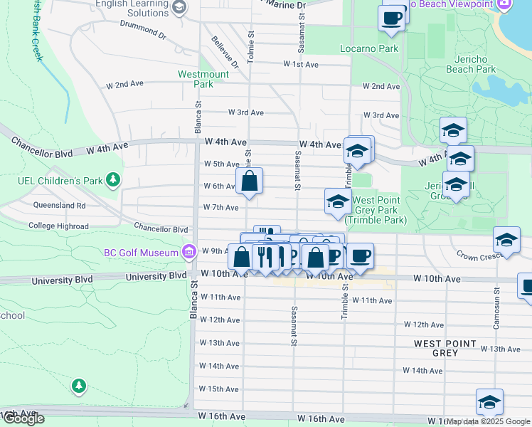 map of restaurants, bars, coffee shops, grocery stores, and more near 4560 West 7th Avenue in Vancouver