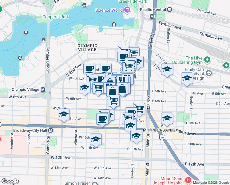 map of restaurants, bars, coffee shops, grocery stores, and more near in Vancouver