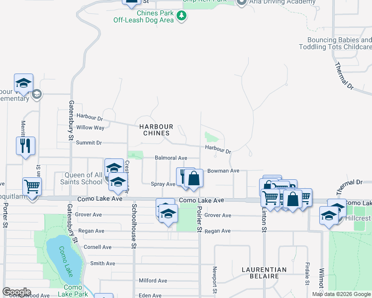 map of restaurants, bars, coffee shops, grocery stores, and more near 1656 Harbour Drive in Coquitlam
