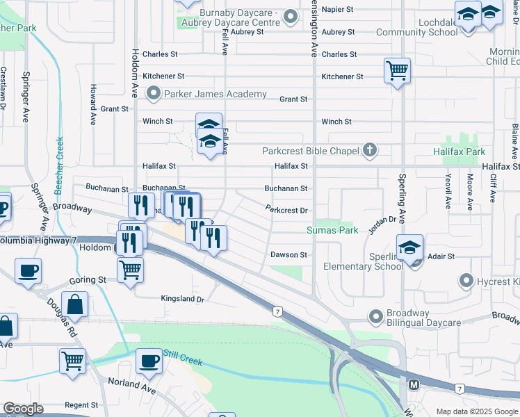 map of restaurants, bars, coffee shops, grocery stores, and more near 6230 Parkcrest Drive in Burnaby