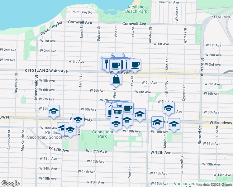 map of restaurants, bars, coffee shops, grocery stores, and more near 2208 Vine Street in Vancouver