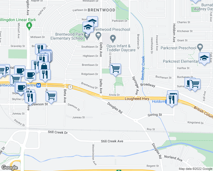 map of restaurants, bars, coffee shops, grocery stores, and more near 5057 Anola Drive in Burnaby