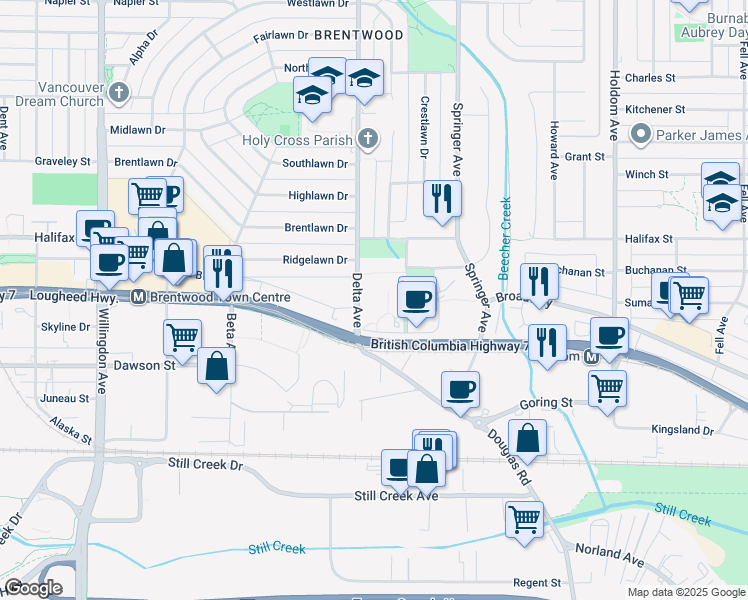 map of restaurants, bars, coffee shops, grocery stores, and more near in Burnaby