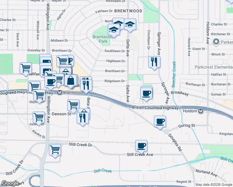 map of restaurants, bars, coffee shops, grocery stores, and more near in Burnaby