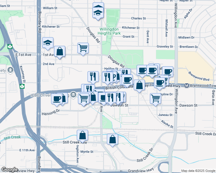 map of restaurants, bars, coffee shops, grocery stores, and more near 4141 Lougheed Highway in Burnaby