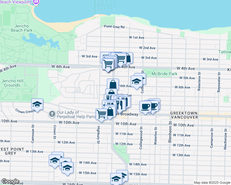 map of restaurants, bars, coffee shops, grocery stores, and more near in Vancouver